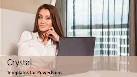  Presentation with bed hotel - Presentation consisting of close up portrait of a young adult beauty attractive sexy and sensuality happy pretty brunette businesswoman using laptop sitting on bed in hotel room background and a soft green colored foreground