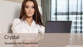  Presentation with bed hotel - Slide deck having close up portrait of a young adult beauty attractive sexy and sensuality happy pretty brunette businesswoman using laptop sitting on bed in hotel room background and a mint green colored foreground