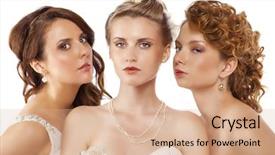  Presentation with wedding white - Audience pleasing PPT layouts consisting of close up portrait of a three beautiful woman in wedding dress isolated over white background backdrop and a coral colored foreground