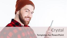  Presentation with man holding phone - Slide deck featuring close-up portrait of a handsome attractive bearded man with earphones and holding mobile phone isolated on the white background background and a lemonade colored foreground