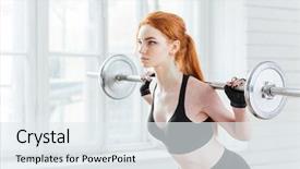  Presentation with barbell - Amazing presentation theme having close-up portrait of a fitness young woman doing squats with barbell at the gym backdrop and a sky blue colored foreground