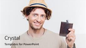  Presentation with alcohol white - Colorful PPT theme enhanced with close-up portrait of a happy young man holding alcohol flask isolated on the white background backdrop and a soft green colored foreground