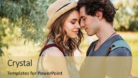  Presentation with eyes - Beautiful presentation theme featuring close up portrait of a young attractive couple in love embracing with their eyes closed over forest background backdrop and a lemonade colored foreground
