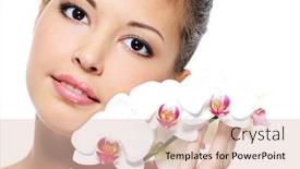  Presentation with skincare - Theme with close-up portrait of an asian beauty girl with flower near her face - skincare treatment background and a lemonade colored foreground