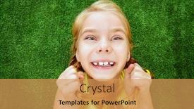  Presentation with green fashion - Colorful slide deck enhanced with close-up portrait of a funny little girl lying on a green lawn and expressing surprise and happiness kid's fashion summer holidays backdrop and a yellow colored foreground