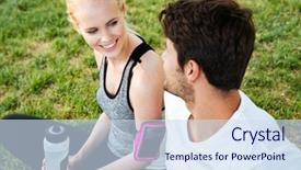  Presentation with water park - Cool new slides with close up portrait of a young couple resting after training and drinking water in the park backdrop and a sky blue colored foreground