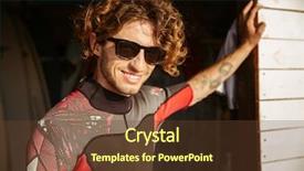  Presentation with eyeglasses - Beautiful PPT theme featuring close up portrait of a young handsome curly man in swimsuit and eyeglasses standing at the surf shack at the beach backdrop and a tawny brown colored foreground