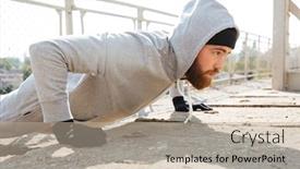  Presentation with sports - PPT layouts featuring close up portrait of a concentrated sports man doing push ups outdoors background and a mint green colored foreground