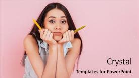  Presentation with crayons - Beautiful presentation theme featuring close up portrait of a confused young woman holding crayons and looking at camera over pink background backdrop and a lemonade colored foreground