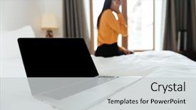  Presentation with laptop blank screen - Presentation theme having close up portrait of a blank screen laptop laying on bed with businesswoman talking on the phone on background background and a light gray colored foreground