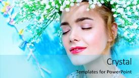  Presentation with skincare - Cool new slide set with close-up portrait of a pretty young woman wearing romantic wreath of flowers summer fashion beauty cosmetics skincare backdrop and a cyan colored foreground