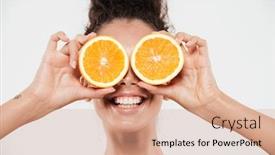  Presentation with parts - Cool new presentation theme with close up portrait of a smiling joyful woman holding two parts of an orange at her eyes isolated over white background backdrop and a coral colored foreground