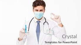  Presentation with ampoule - Presentation consisting of close up portrait of a young male doctor with stethoscope dressed in uniform showing a syringe ampoule isolated over white background background and a white colored foreground