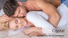  Presentation with long sleeve - Presentation theme enhanced with close up romantic young couple lying on white bed with handsome topless guy embracing her beautiful smiling partner in long sleeve shirt background and a coral colored foreground