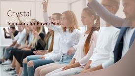  Presentation with questions answers question answer icon - Presentation featuring close-up-seminar-participants-asking background and a  colored foreground