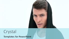  Presentation with computer hacker hoodie in - Slide set having close-up-serious-guy background and a arctic colored foreground