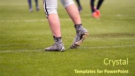  Presentation with focus group - Colorful slide set enhanced with close up shot of group young professional american football players warming up and stretching together before a practice on the field focus on the legs backdrop and a tawny brown colored foreground