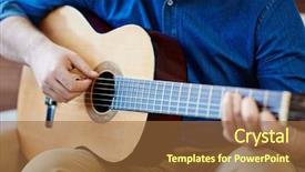  Presentation with acoustic - Amazing presentation having close-up shot of man sitting on comfortable armchair and practicing in playing acoustic guitar backdrop and a tawny brown colored foreground