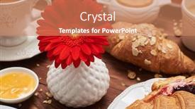  Presentation with corn flakes - Audience pleasing PPT layouts consisting of close-up shot of red flower in vase among healthy breakfast french croissants sprinkled with almonds cup of coffee and fruits and corn flakes backdrop and a coral colored foreground