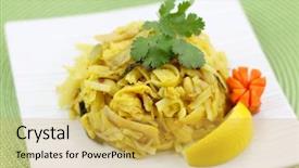  Presentation with pad thai - Beautiful presentation theme featuring close up shot of tasty chicken pad thai dish backdrop and a yellow colored foreground