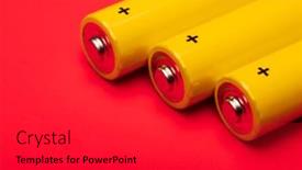  Presentation with batteries - Presentation design having close up shot of yellow aa alkaline or rechargeable nimh batteries on red background shallow focus background and a dark gray colored foreground