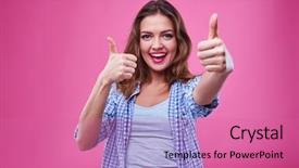  Presentation with giving - Amazing presentation theme having close-up shot of young girl giving thumbs up isolated over pink background portrait of happy smiling girl showing gesture of success backdrop and a coral colored foreground