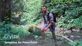  Presentation with hiking mountain - Amazing theme having close-up shot of young bearded male hiking along mountain path in forest backdrop and a ocean colored foreground