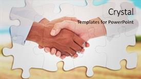  Presentation with blue handshake - Slide deck with close-up shot of a handshake in office against blue sky over fields background and a lemonade colored foreground