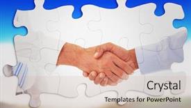 Presentation with blue handshake - Beautiful presentation design featuring close-up shot of a handshake in office against blue sky over fields backdrop and a coral colored foreground