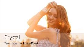  Presentation with ginger - Colorful PPT layouts enhanced with close up side view of smiling pretty ginger woman in dress posing on the sunset backdrop and a coral colored foreground