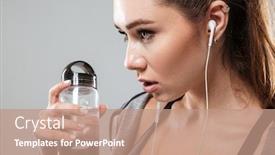  Presentation with water sports - PPT theme with close up side view of sports woman with water listening music over gray background background and a coral colored foreground