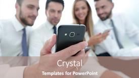  Presentation with sms - Presentation design featuring close-up-smiling-business-team background and a coral colored foreground