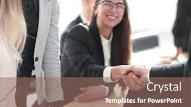  Presentation with business partner - Beautiful PPT layouts featuring close-up-smiling-businesswoman-shaking backdrop and a violet colored foreground