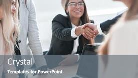  Presentation with business partner - Colorful PPT theme enhanced with close-up-smiling-businesswoman-shaking backdrop and a gray colored foreground