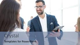  Presentation with employees - Colorful theme enhanced with close-up-smiling-employees-discussing backdrop and a seafoam green colored foreground