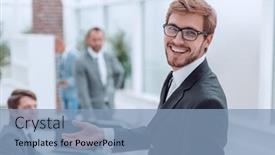  Presentation with friendly - PPT layouts featuring close-up-smiling-friendly-businessman background and a light blue colored foreground