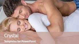  Presentation with lovers - Beautiful presentation featuring close up smiling middle age caucasian lovers lying in white bed so sweet backdrop and a coral colored foreground