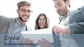  Presentation with close up of digital multimeter - Presentation featuring close up smiling staff looking background and a  colored foreground