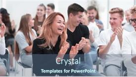  Presentation with conference - Beautiful presentation design featuring close-up-smiling-young-woman backdrop and a ocean colored foreground