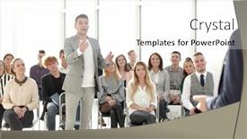  Presentation with questions - Presentation theme consisting of close-up-speaker-answering-questions background and a white colored foreground