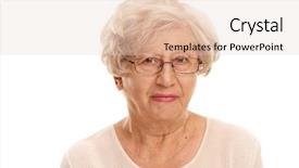  Presentation with lady - PPT theme having close-up studio shot of an elderly lady with glasses isolated on white background background and a lemonade colored foreground