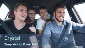  Presentation with travel friends - PPT theme with close-up-three-friends-travel background and a ocean colored foreground