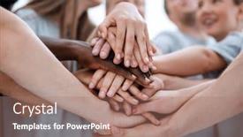  Presentation with team hands - PPT theme with close-up-tower background and a coral colored foreground