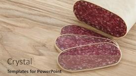  Presentation with meat - Cool new PPT theme with close-up-traditional-sliced-meat backdrop and a coral colored foreground