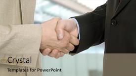  Presentation with hand shake - Slide deck featuring close up two men handshaking making agreement - business team hand shake background and a coral colored foreground