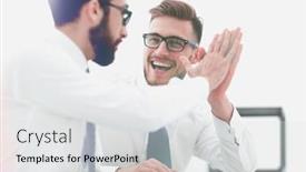  Presentation with employees - Audience pleasing theme consisting of close up two successful employees giving each other a high five backdrop and a light gray colored foreground