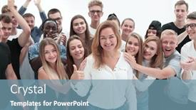  Presentation with business woman standing on maze - Slides featuring close-up-very-happy-woman background and a seafoam green colored foreground