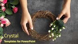  Presentation with dark flower - Cool new slides with close up view of female florist preparing flower composition on dark background backdrop and a tawny brown colored foreground
