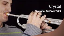  Presentation with trumpet - Cool new theme with close up view of real trumpet player male playing on silver trumpet focus on hand on black isolated backdrop and a black colored foreground