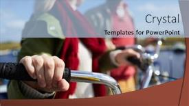  Presentation with bicycles - Presentation consisting of close-up view of unrecognizable defocused couple standing with bicycles outdoors and chatting on gorgeous sunny autumn afternoon background and a light blue colored foreground